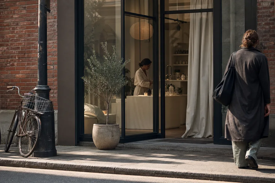 A small skin studio storefront with a glass door and a plant in the window on an American city street in the late afternoon