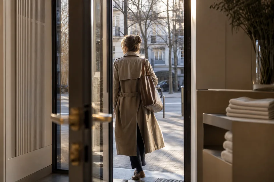 An adult woman stepping out of a clinic doorway onto a sunlit sidewalk, seen from behind