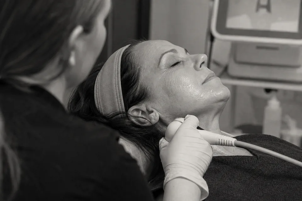 A provider guiding a radiofrequency handpiece along a client's jawline in a clinic
