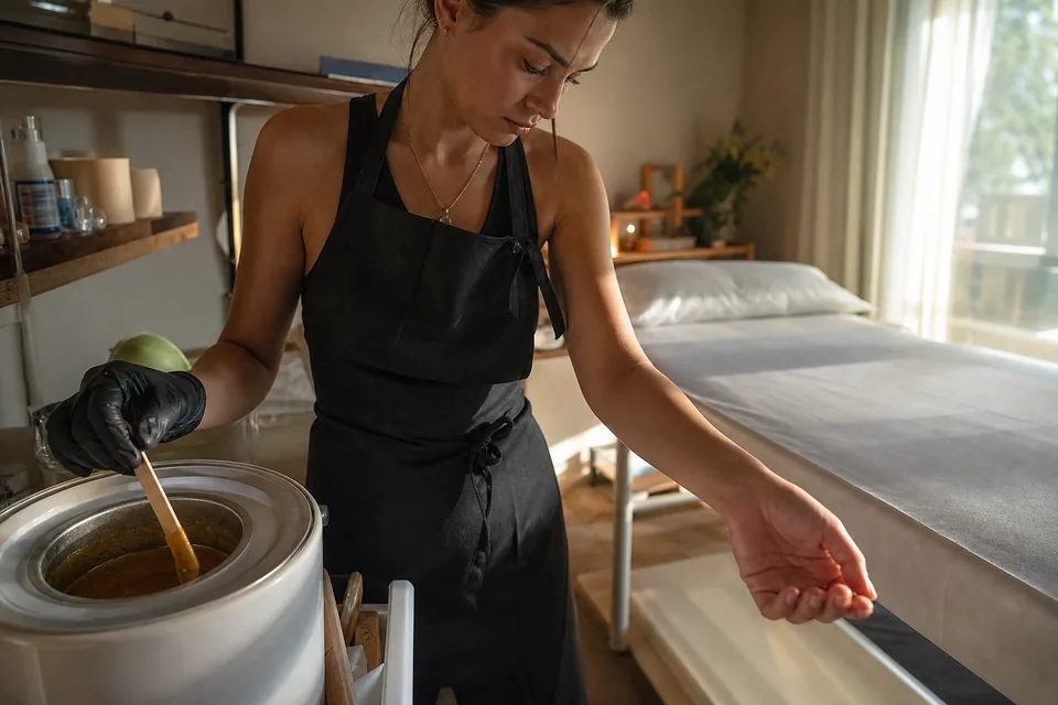 An esthetician testing warm wax on a wooden spatula over a wax heater in a waxing room