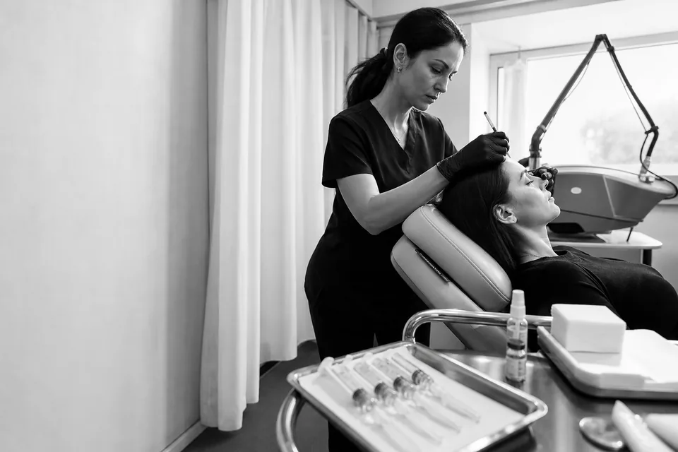 A nurse injector in scrubs and gloves marking treatment points on a reclined client's forehead in a med spa, with a syringe tray and a laser device in the room