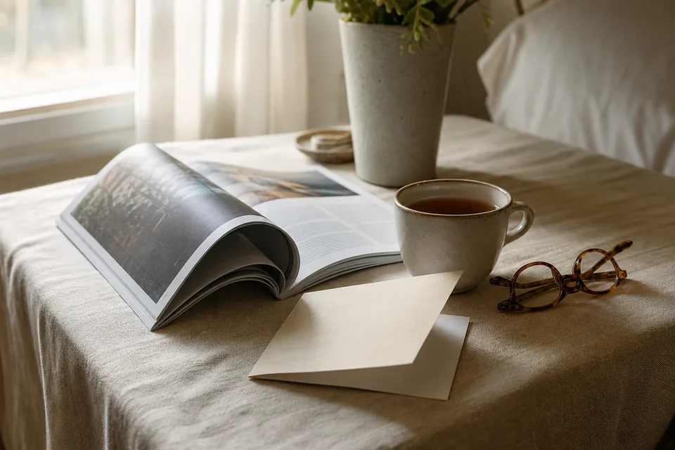 Skincare notes and a cup of tea on a bedside table next to an open magazine