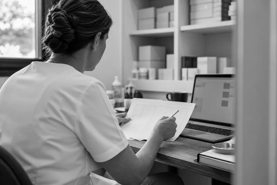 A clinic owner reviewing the week's appointment schedule on paper at a desk in a back office