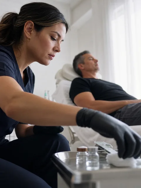 A nurse injector in scrubs preparing a treatment tray beside a reclined client in a med spa