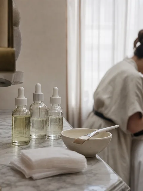 Glass bottles of peel solution and a small bowl with a brush on a marble shelf in a treatment room