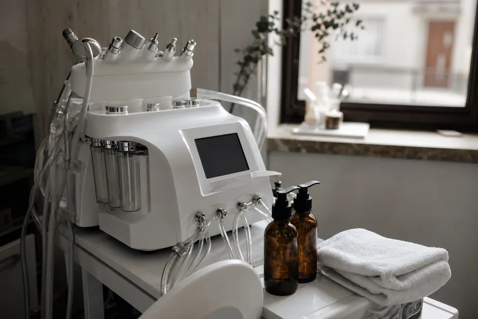 A hydradermabrasion machine with its tubes and a glass of water on a trolley in a skin clinic