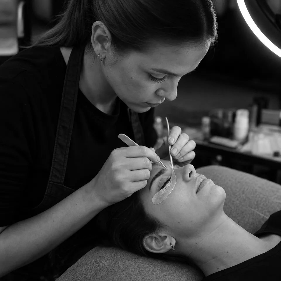 A lash artist working under a ring light with tweezers on a client's closed eyes