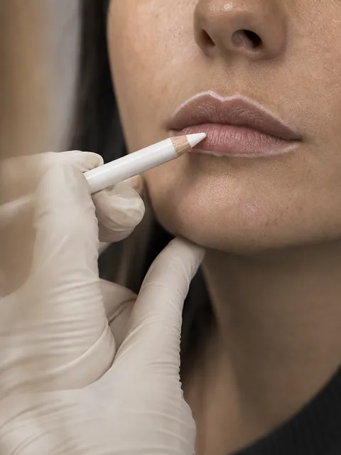 Close detail of an adult woman's lips being marked with a white pencil before a consultation